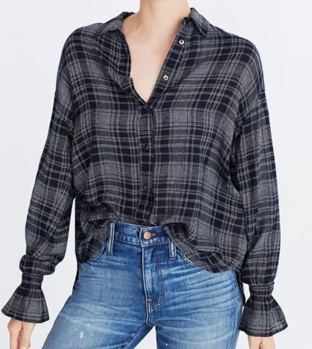 MADEWELL Plaid Westward Bell Sleeve Wool Blend Shirt SIZE M